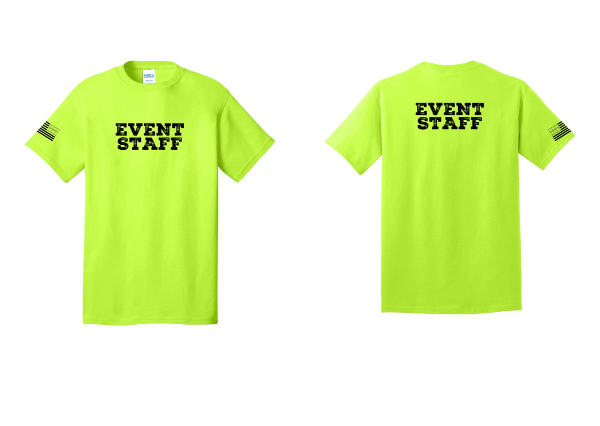 NYC Factory Event Staff T-Shirt - Front + Back + US Flag Sleeve - Safety Green