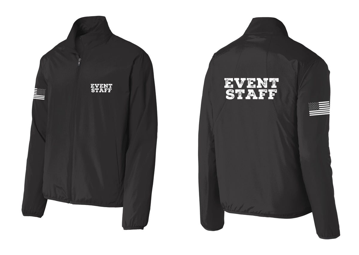 NYC Factory Event Staff Windbreaker Full-Zip Jacket (Rustic) - Chest + Back + US Flag Sleeve - Black