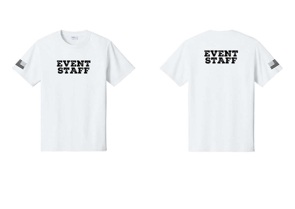 NYC Factory Event Staff T-Shirt - Front + Back + US Flag Sleeve - White