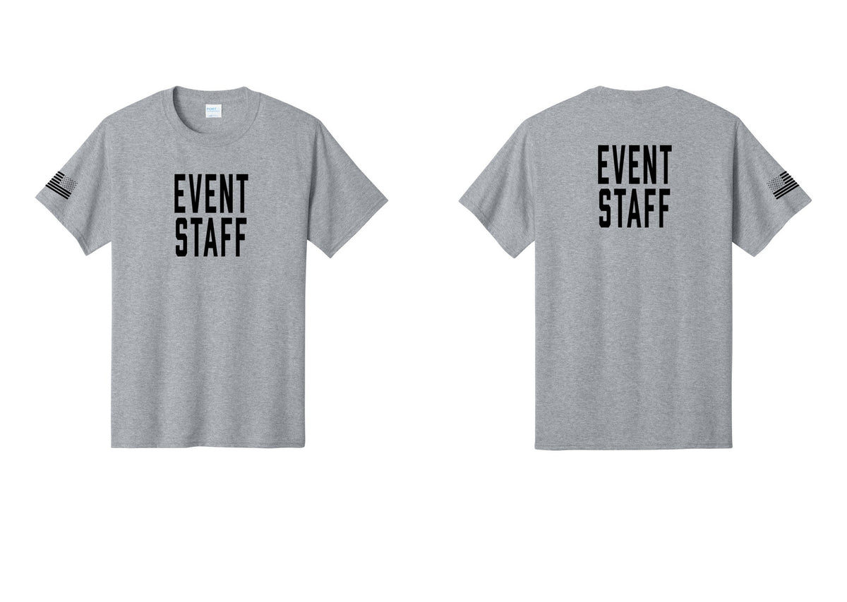 NYC Factory Event Staff T-Shirt, Condensed Lettering - Front + Back + US Flag Sleeve - Athletic Heather