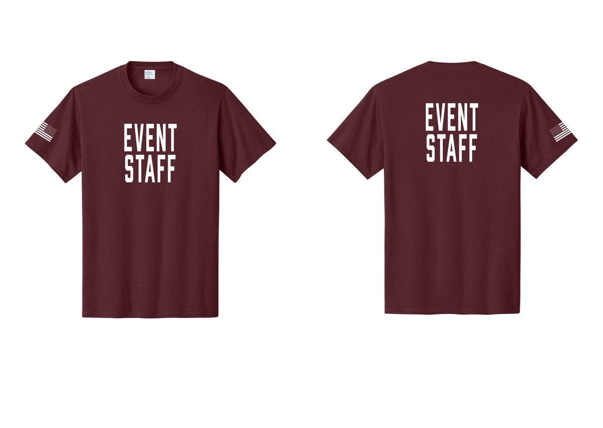 NYC Factory Event Staff T-Shirt, Condensed Lettering - Front + Back + US Flag Sleeve - Athletic Maroon
