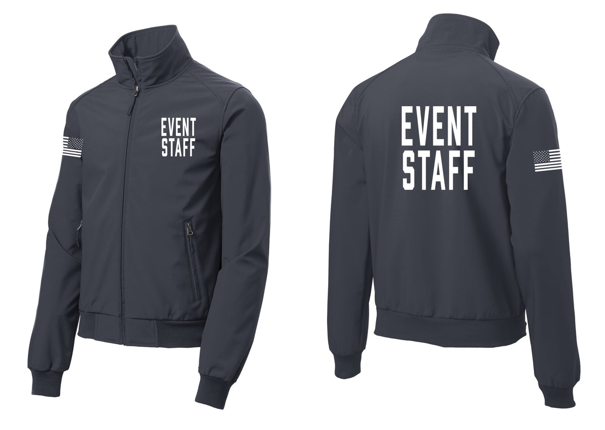 NYC Factory Event Staff Soft Shell Bomber Jacket (Classic) - Chest + Back + US Flag Sleeve - Battleship Grey
