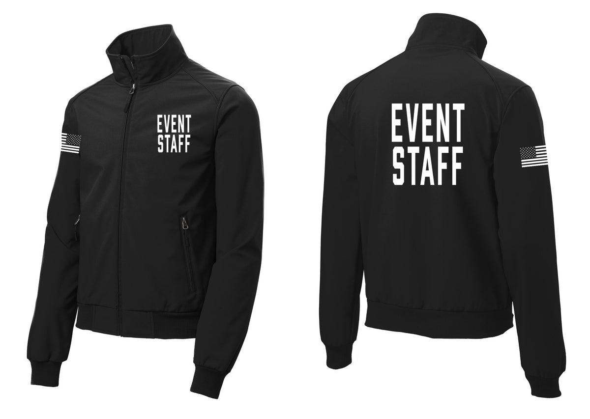 NYC Factory Event Staff Soft Shell Bomber Jacket (Classic) - Chest + Back + US Flag Sleeve - Black