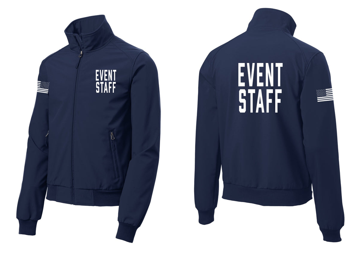 NYC Factory Event Staff Soft Shell Bomber Jacket (Classic) - Chest + Back + US Flag Sleeve - Dress Blue Navy