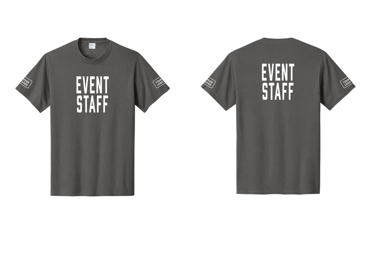NYC Factory Custom Logo Event Staff T-Shirt, Condensed Lettering - Front + Back + Your Logo Sleeves - Charcoal