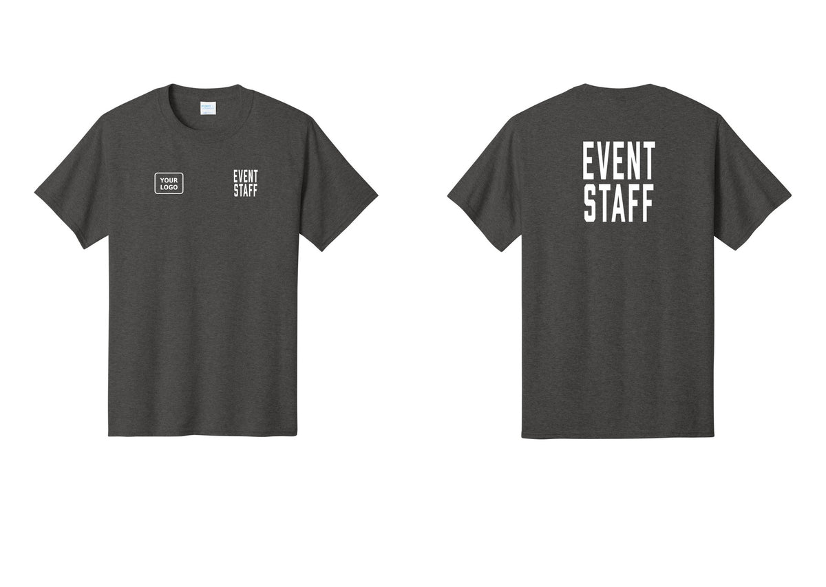 NYC Factory Custom Logo Event Staff T-Shirt, Condensed Lettering - EVENT STAFF + Your Logo + Back - Dark Heather Grey