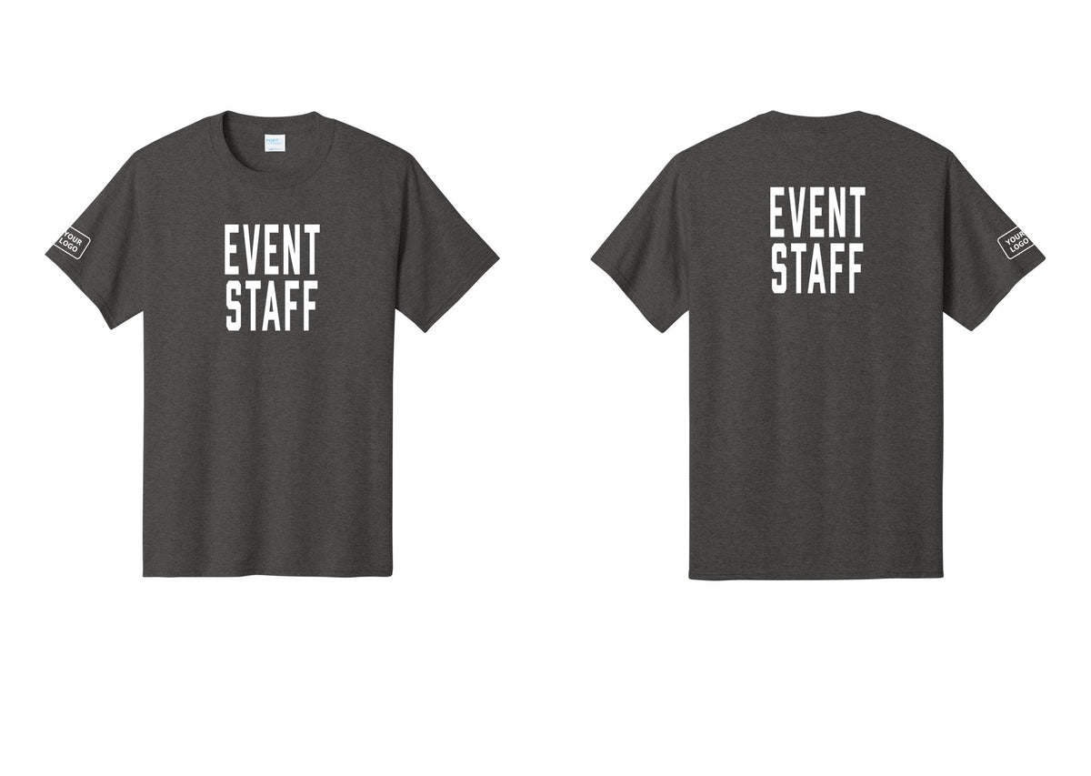NYC Factory Custom Logo Event Staff T-Shirt, Condensed Lettering - Front + Back + Your Logo Sleeve - Dark Heather Grey