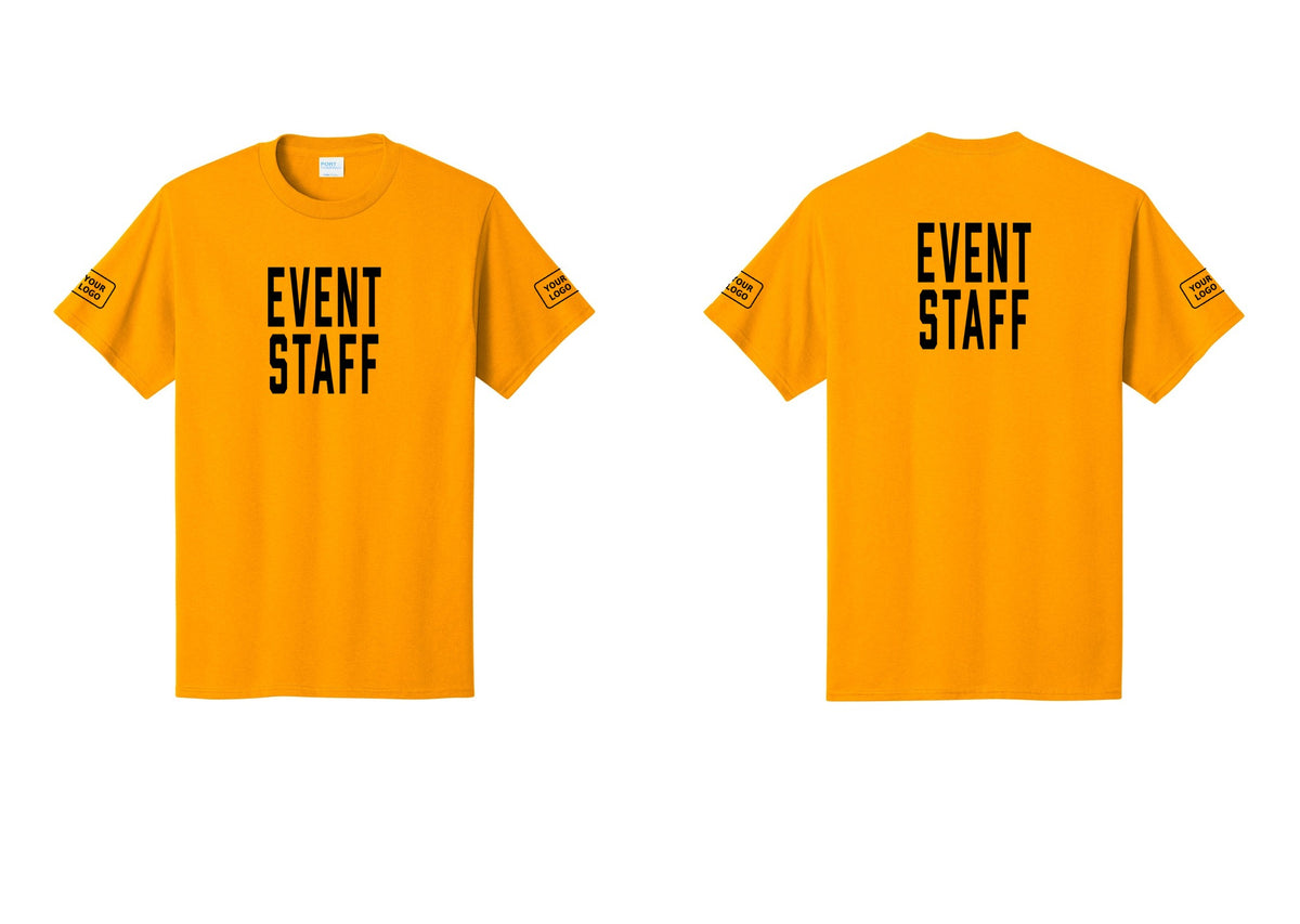 NYC Factory Custom Logo Event Staff T-Shirt, Condensed Lettering - Front + Back + Your Logo Sleeves - Gold