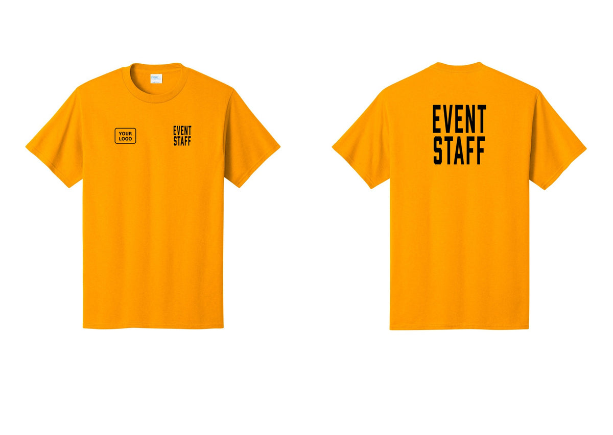 NYC Factory Custom Logo Event Staff T-Shirt, Condensed Lettering - EVENT STAFF + Your Logo + Back - Gold