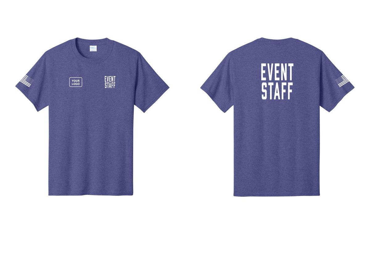 NYC Factory Custom Logo Event Staff T-Shirt, Condensed Lettering - EVENT STAFF + Your Logo + Back + US Flag Sleeve - Heather Purple