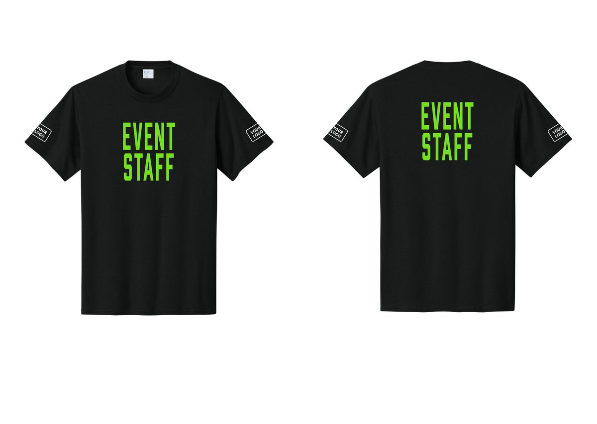 NYC Factory Custom Logo Event Staff T-Shirt, Condensed Lettering - Front + Back + Your Logo Sleeves - Black / Neon