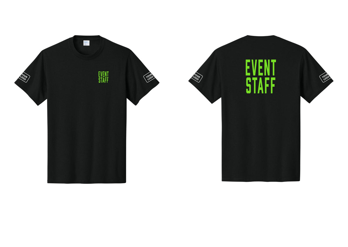 NYC Factory Custom Logo Event Staff T-Shirt, Condensed Lettering - Chest + Back + Your Logo Sleeves - Black / Neon