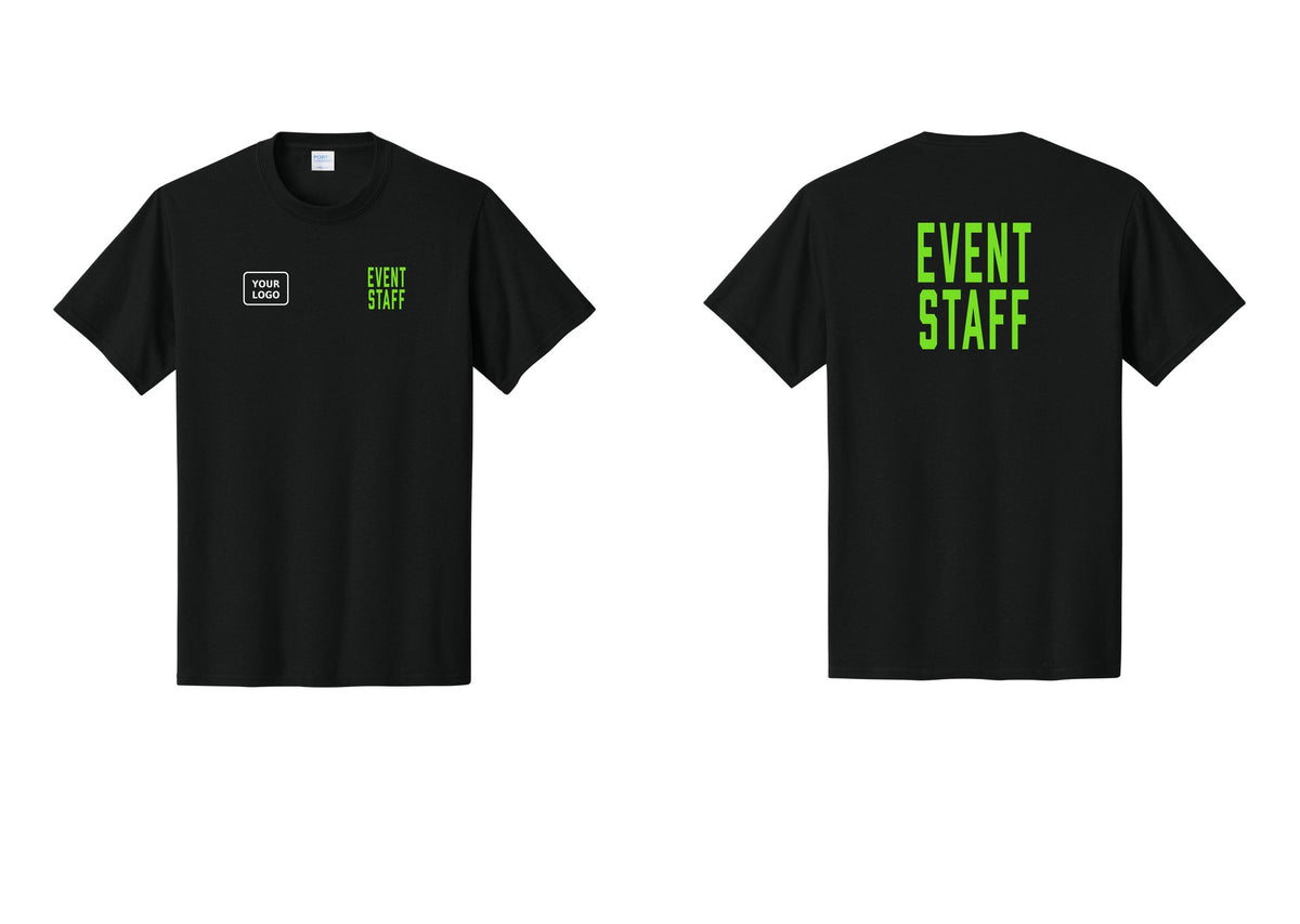 NYC Factory Custom Logo Event Staff T-Shirt, Condensed Lettering - EVENT STAFF + Your Logo + Back - Black / Neon