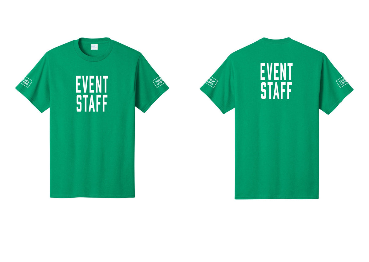 NYC Factory Custom Logo Event Staff T-Shirt, Condensed Lettering - Front + Back + Your Logo Sleeves - Kelly
