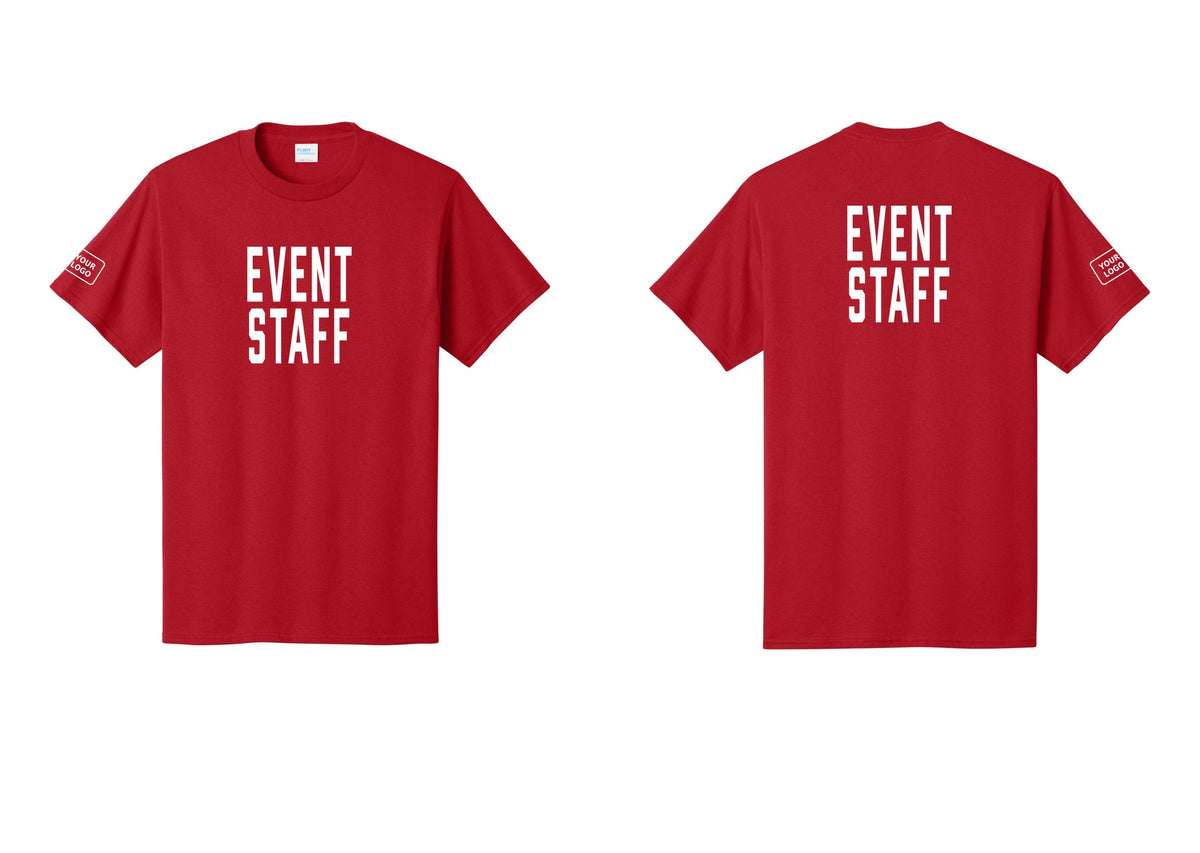 NYC Factory Custom Logo Event Staff T-Shirt, Condensed Lettering - Front + Back + Your Logo Sleeve - Red