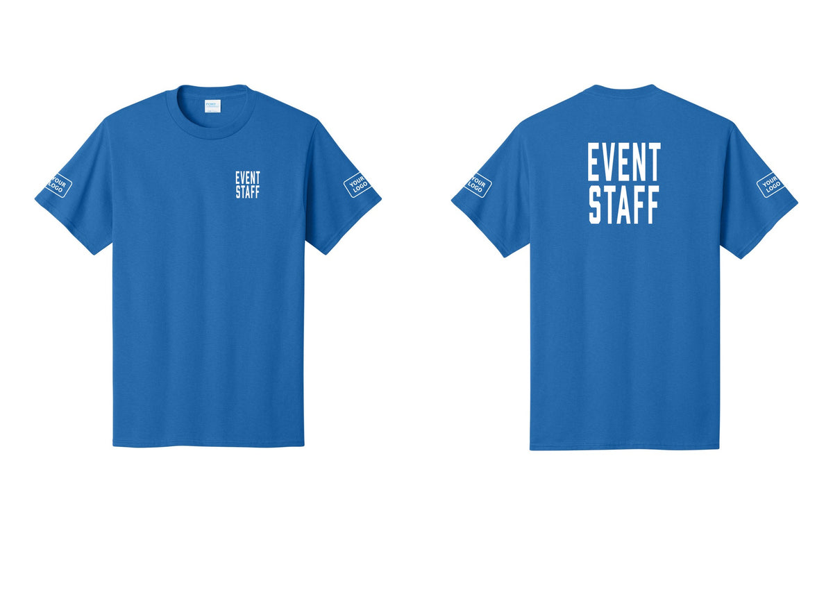 NYC Factory Custom Logo Event Staff T-Shirt, Condensed Lettering - Chest + Back + Your Logo Sleeves - Royal