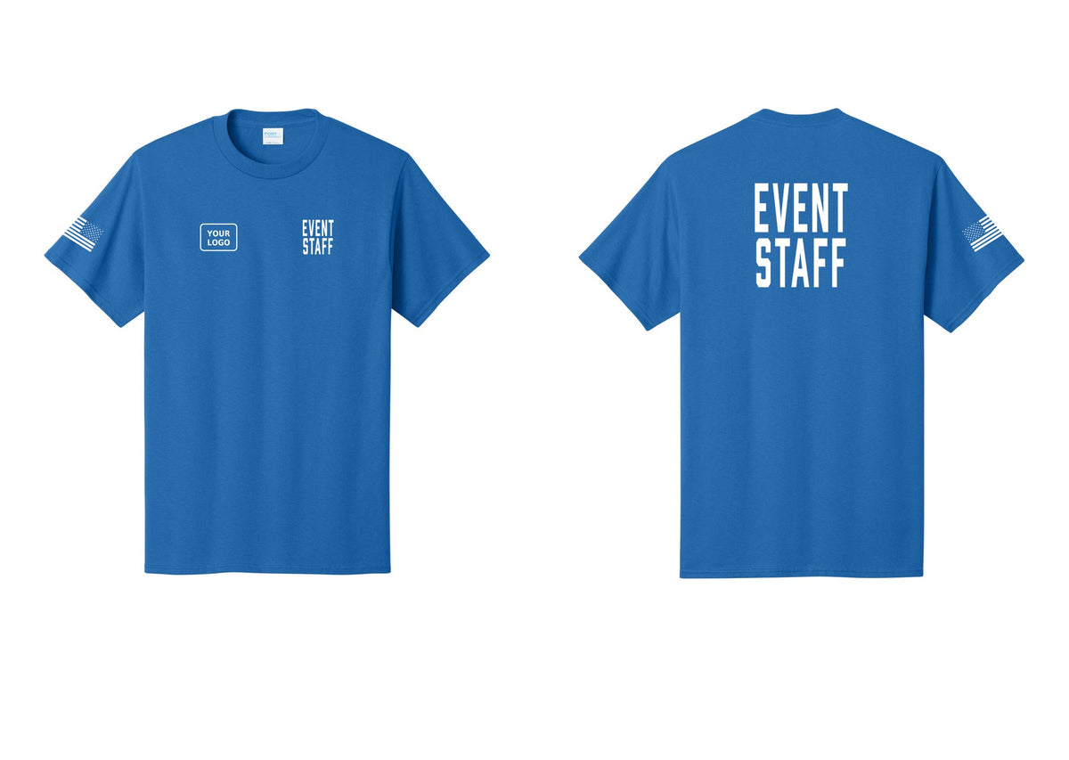 NYC Factory Custom Logo Event Staff T-Shirt, Condensed Lettering - EVENT STAFF + Your Logo + Back + US Flag Sleeve - Royal