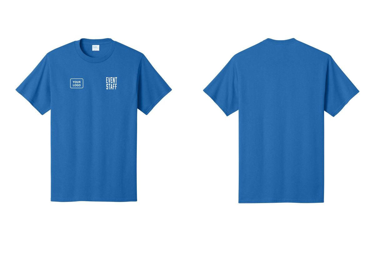 NYC Factory Custom Logo Event Staff T-Shirt, Condensed Lettering - EVENT STAFF + Your Logo - Royal