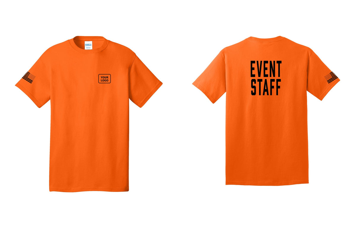 NYC Factory Custom Logo Event Staff T-Shirt, Condensed Lettering - Your Logo + Back + US Flag Sleeve - Safety Orange