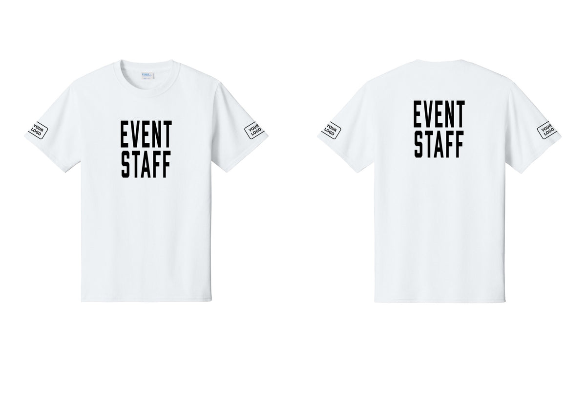 NYC Factory Custom Logo Event Staff T-Shirt, Condensed Lettering - Front + Back + Your Logo Sleeves - White