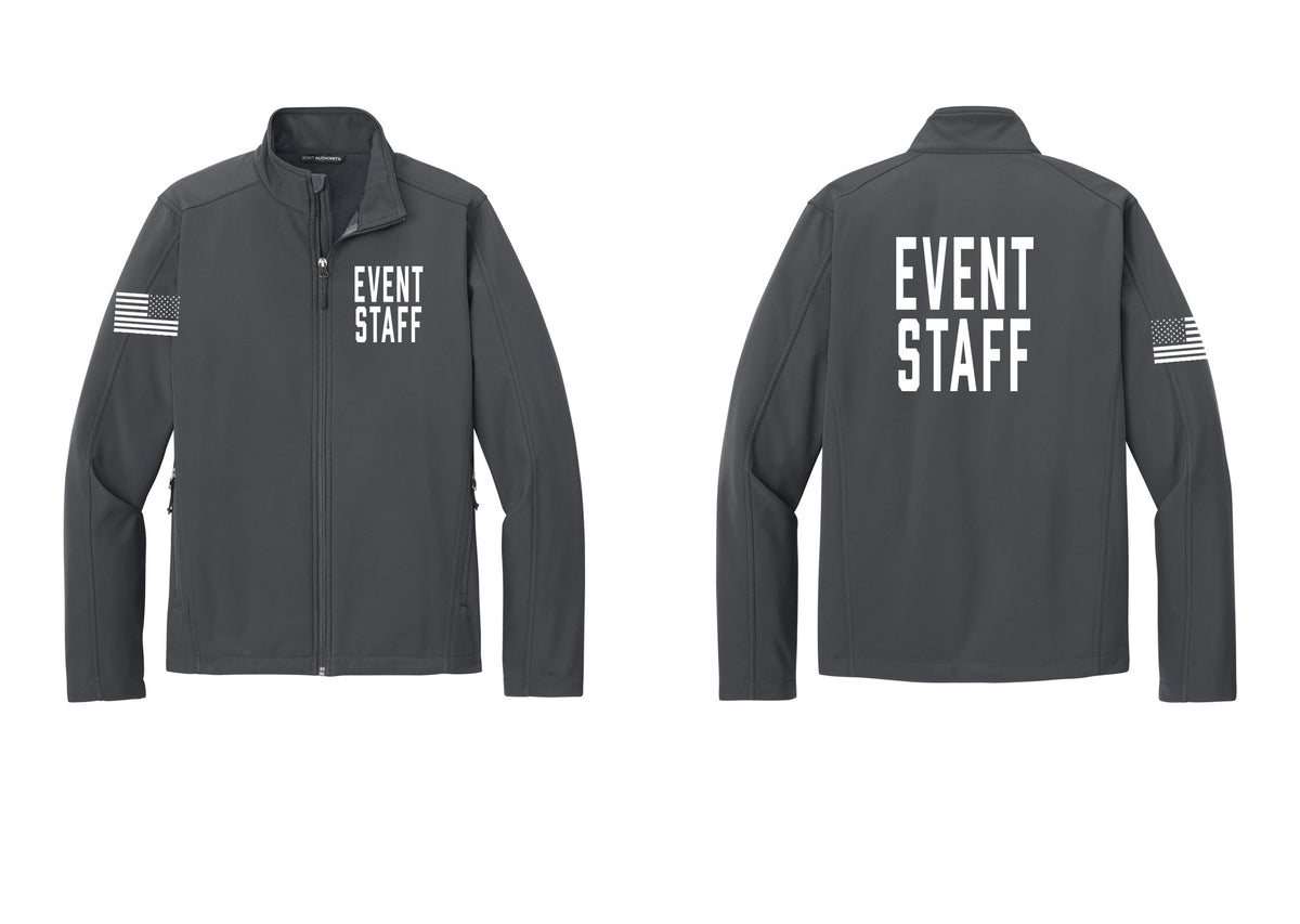 NYC Factory Event Staff Soft Shell Jacket (Classic) - Chest + Back + US Flag Sleeve - Battleship Grey