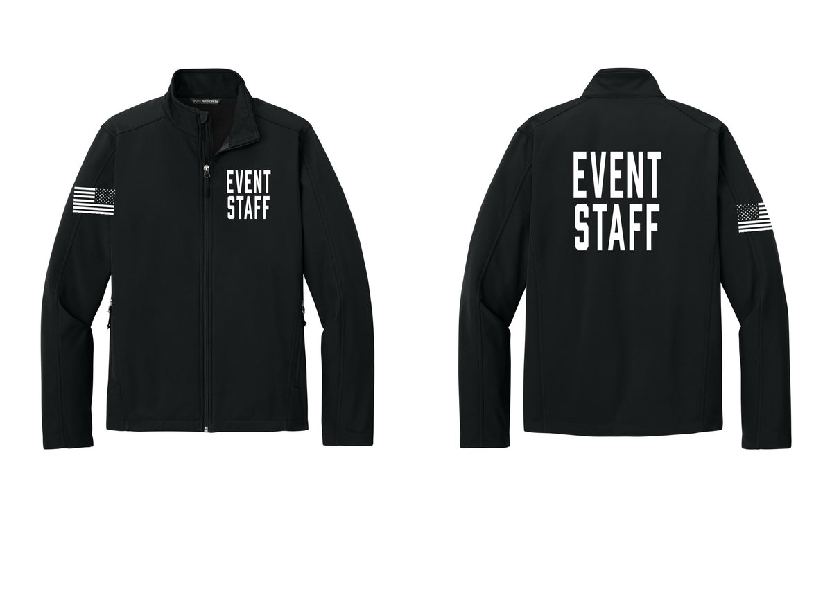 NYC Factory Event Staff Soft Shell Jacket (Classic) - Chest + Back + US Flag Sleeve - Black