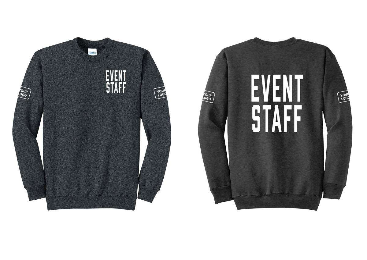 NYC Factory Custom Logo Event Staff Cotton Fleece Crewneck Sweatshirt (Classic) - Chest + Back + Your Logo Sleeves - Dark Heather Grey