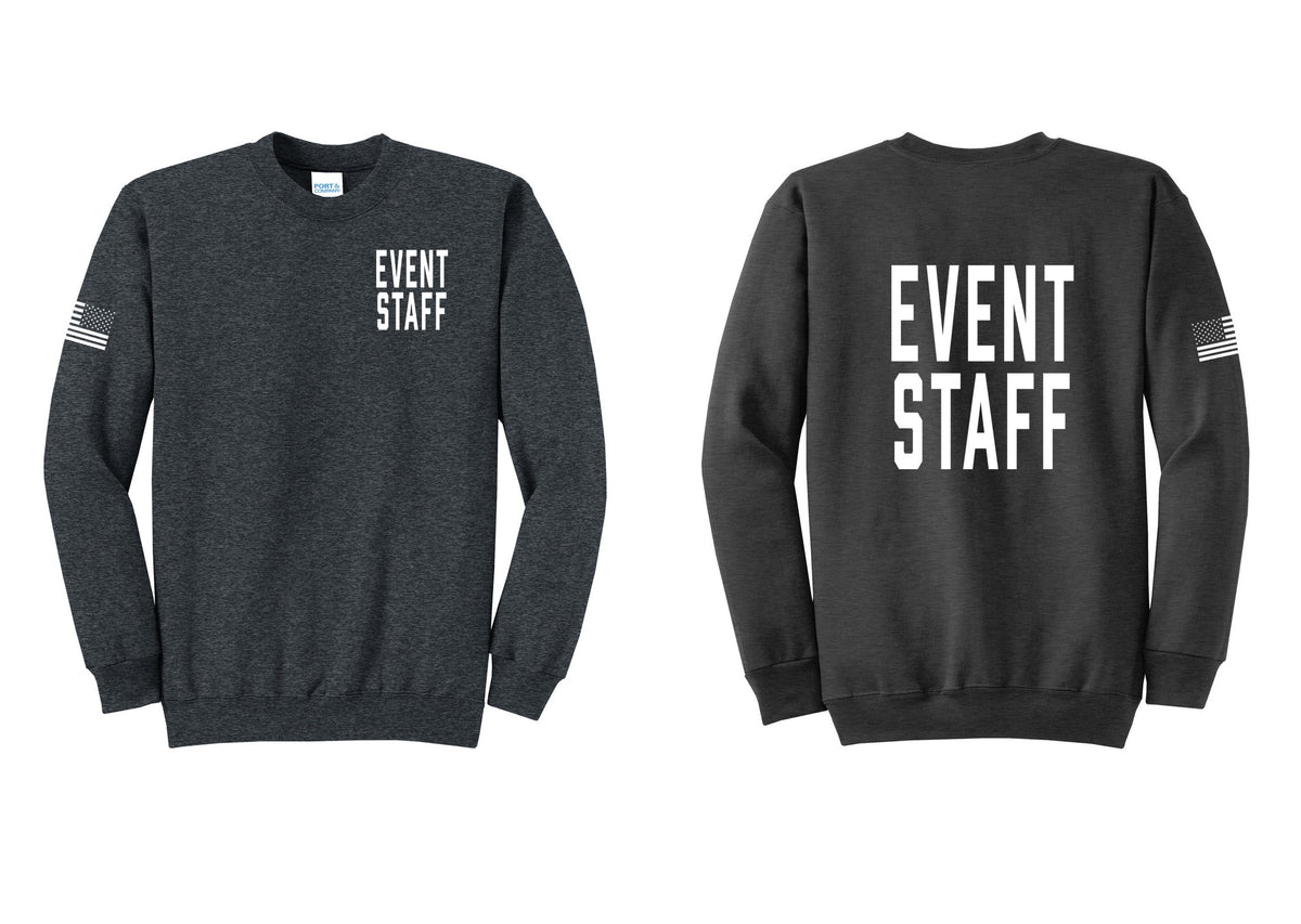 NYC Factory Event Staff Cotton Fleece Crewneck Sweatshirt (Classic) - Chest + Back + US Flag Sleeve - Dark Heather Grey