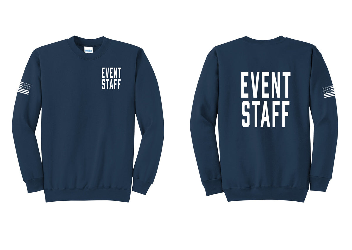 NYC Factory Event Staff Cotton Fleece Crewneck Sweatshirt (Classic) - Chest + Back + US Flag Sleeve - Navy