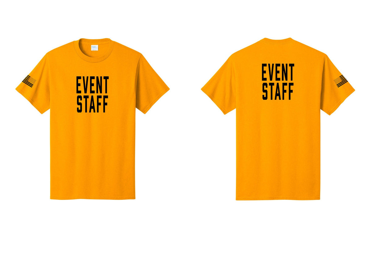 NYC Factory Event Staff T-Shirt, Condensed Lettering - Front + Back + US Flag Sleeve - Gold