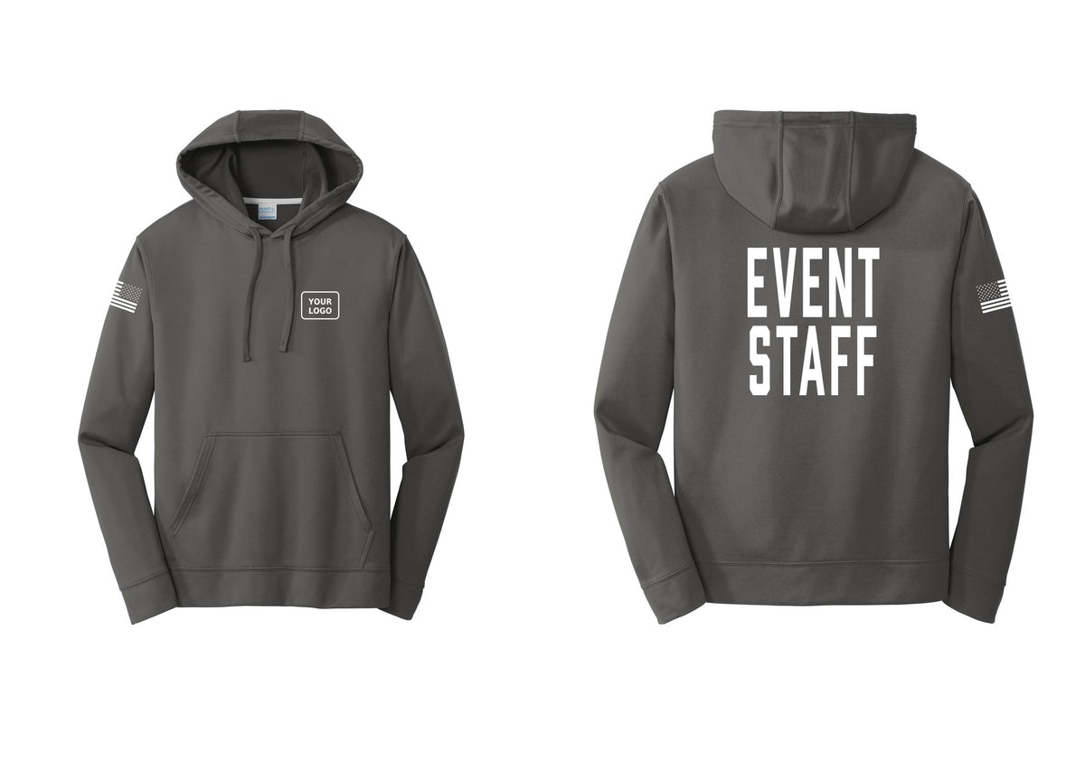 NYC Factory Custom Logo Event Staff Performance Hooded Fleece Pullover Sweatshirt (Classic) - Your Logo + Back + US Flag Sleeve - Charcoal
