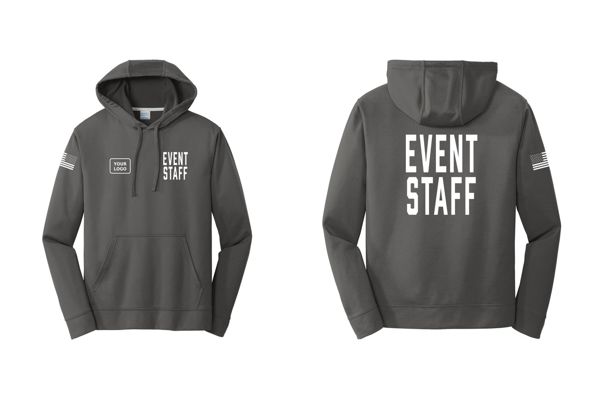 NYC Factory Custom Logo Event Staff Performance Hooded Fleece Pullover Sweatshirt (Classic) - EVENT STAFF + Your Logo + Back + US Flag Sleeve - Charcoal