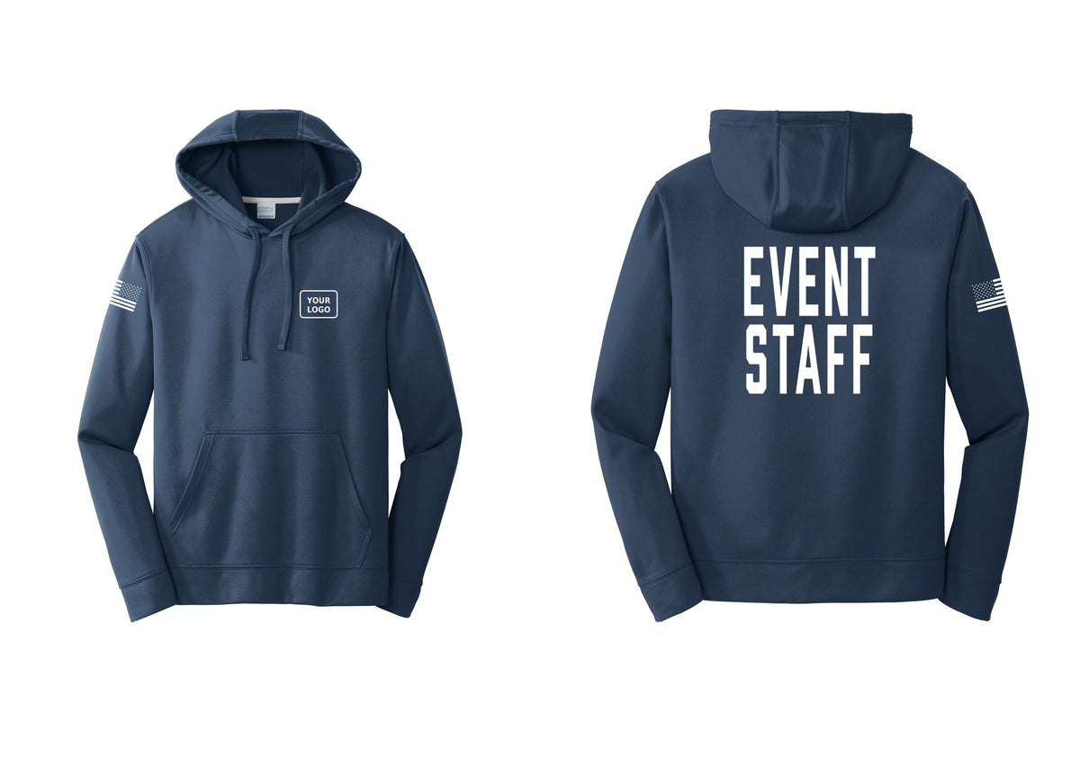 NYC Factory Custom Logo Event Staff Performance Hooded Fleece Pullover Sweatshirt (Classic) - Your Logo + Back + US Flag Sleeve - Navy