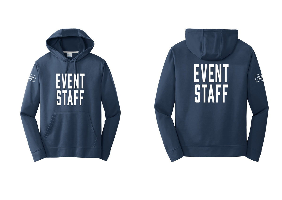 NYC Factory Custom Logo Event Staff Performance Hooded Fleece Pullover Sweatshirt (Classic) - Front + Back + Your Logo Sleeve - Navy