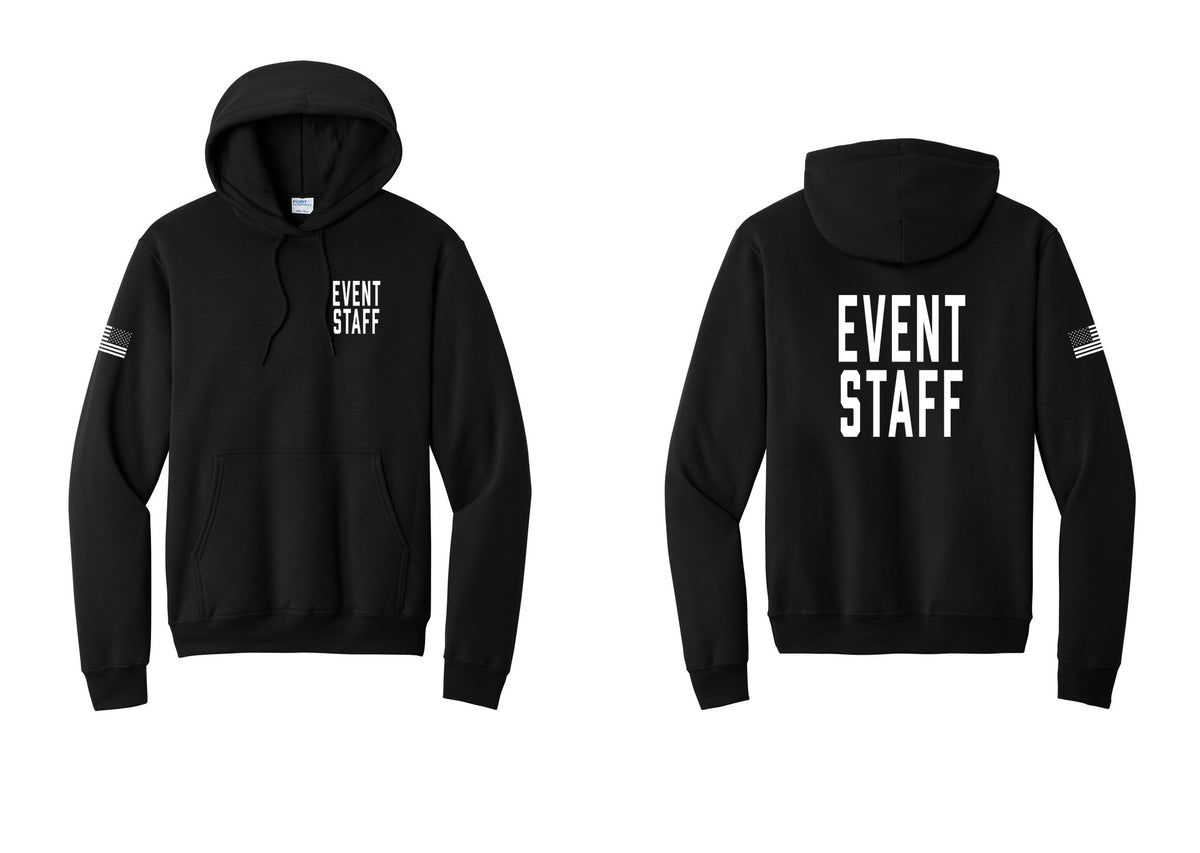 NYC Factory Event Staff Cotton Fleece Pullover Hoodie (Classic) - Chest + Back + US Flag Sleeve - Black