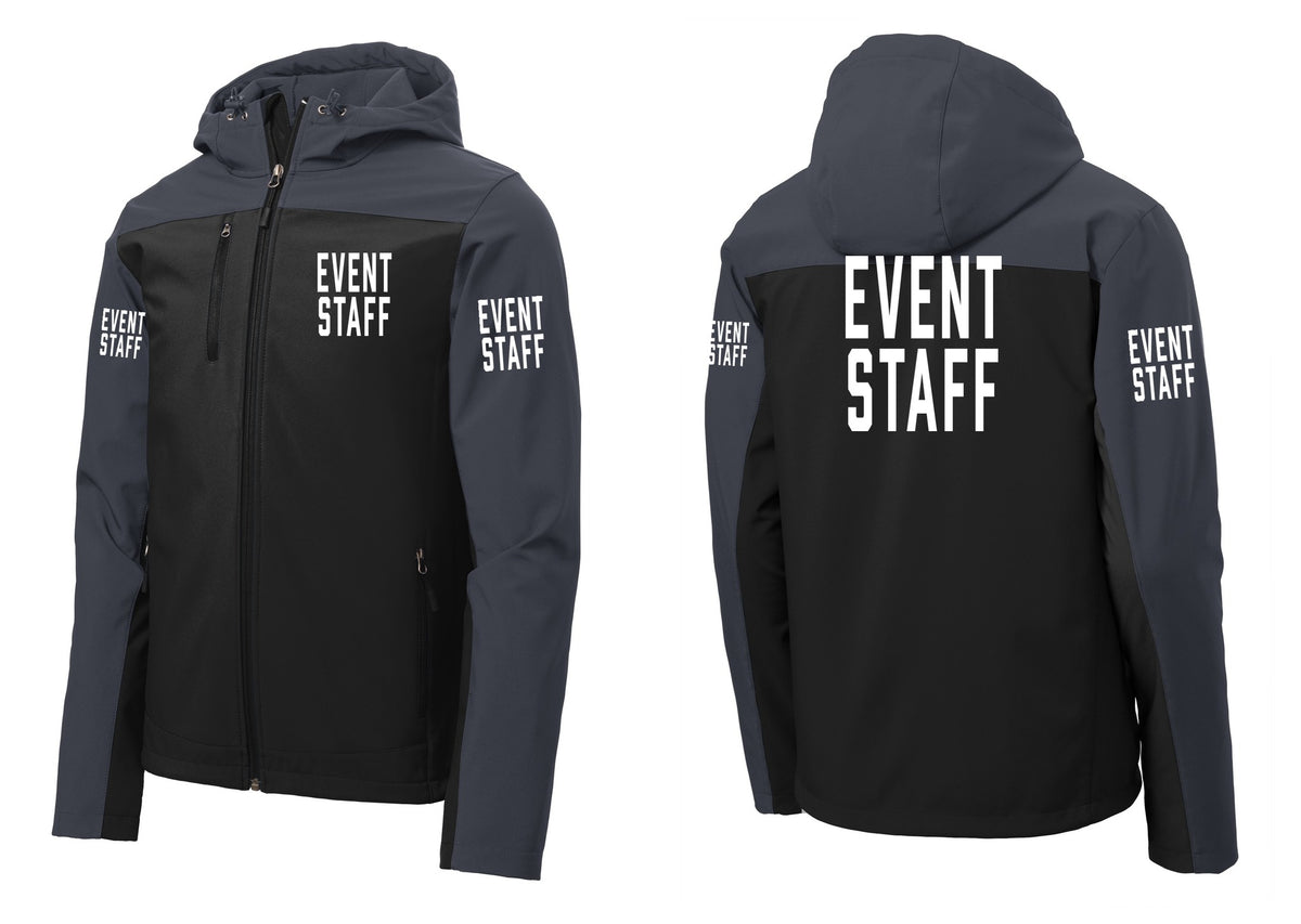 NYC Factory Event Staff Hooded Soft Shell Jacket (Classic) - Chest + Back + Event Staff Sleeves - Black / Battleship Grey