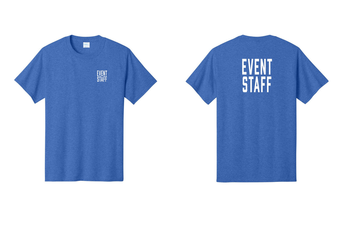 NYC Factory Event Staff T-Shirt, Condensed Lettering - Chest + Back - Heather Royal