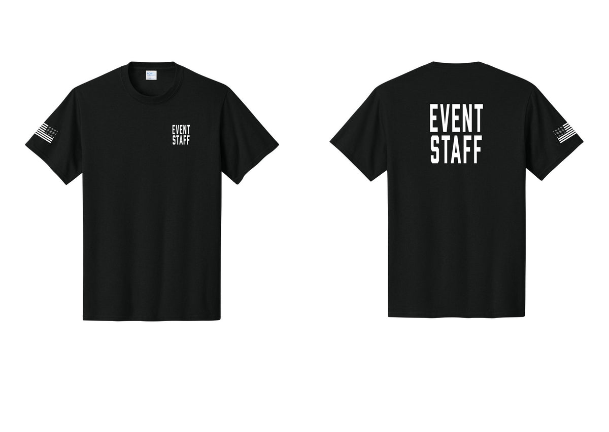 NYC Factory Event Staff T-Shirt, Condensed Lettering - Chest + Back + US Flag Sleeve - Black