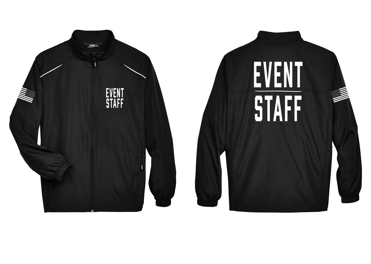 NYC Factory Event Staff Reflective Lightweight Jacket (Classic) - Chest + Back + US Flag Sleeve - Black