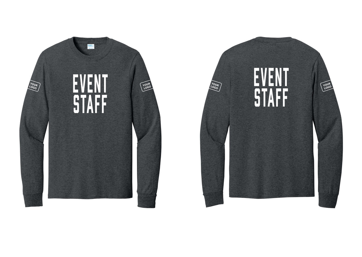 NYC Factory Custom Logo Event Staff Cotton Long Sleeve T-Shirt (Classic) - Front + Back + Your Logo Sleeves - Dark Heather Grey