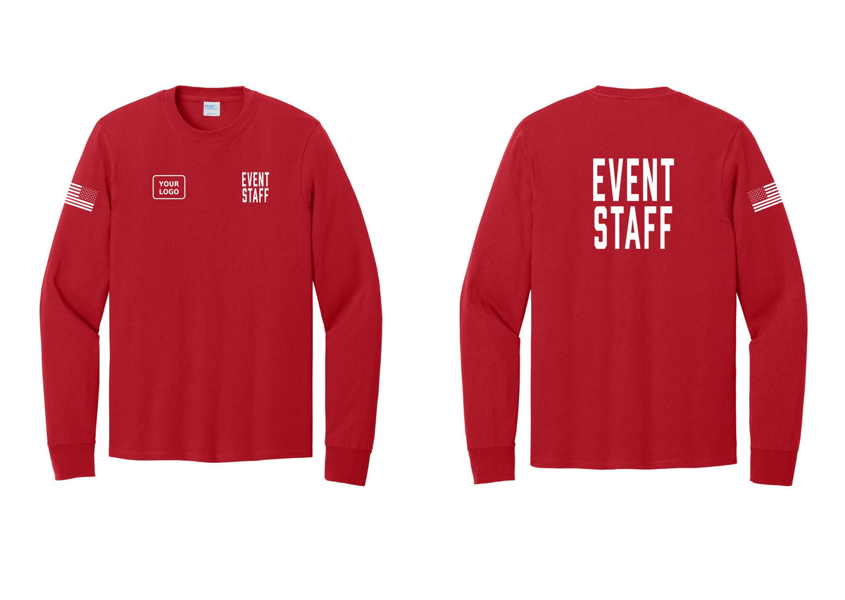 NYC Factory Custom Logo Event Staff Cotton Long Sleeve T-Shirt (Classic) - EVENT STAFF + Your Logo + Back + US Flag Sleeve - Red