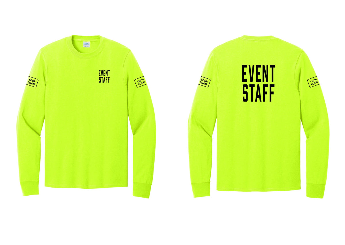 NYC Factory Custom Logo Event Staff Cotton Long Sleeve T-Shirt (Classic) - Chest + Back + Your Logo Sleeves - Safety Green