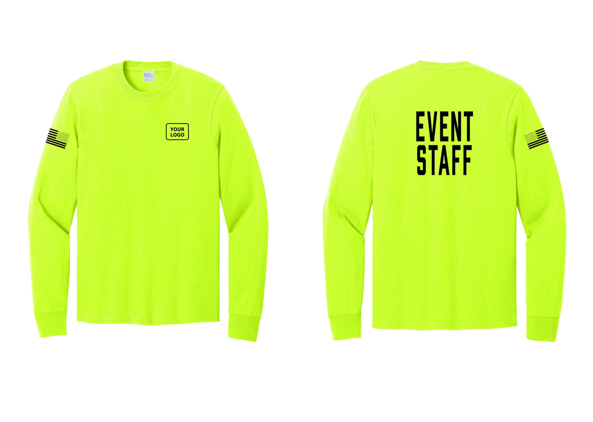 NYC Factory Custom Logo Event Staff Cotton Long Sleeve T-Shirt (Classic) - Your Logo + Back + US Flag Sleeve - Safety Green