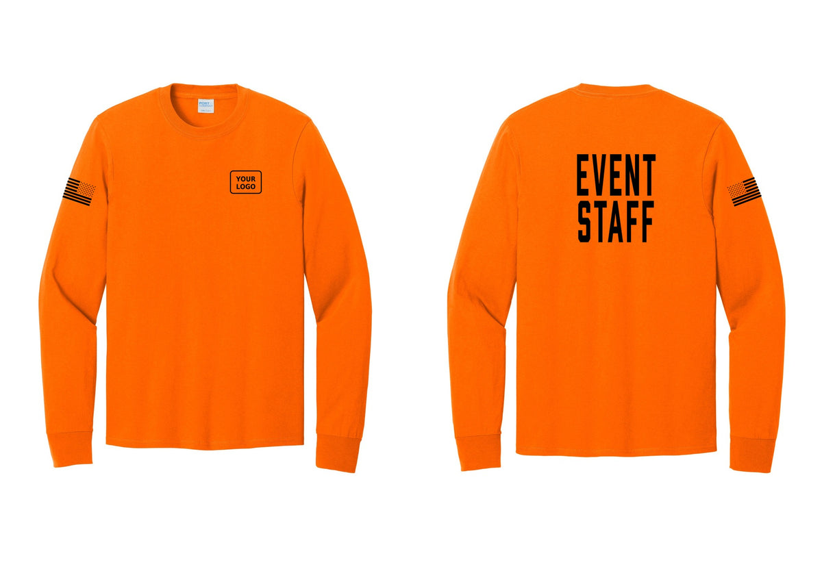 NYC Factory Custom Logo Event Staff Cotton Long Sleeve T-Shirt (Classic) - Your Logo + Back + US Flag Sleeve - Safety Orange