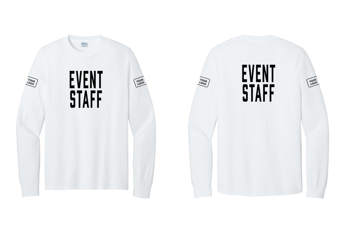 NYC Factory Custom Logo Event Staff Cotton Long Sleeve T-Shirt (Classic) - Front + Back + Your Logo Sleeves - White