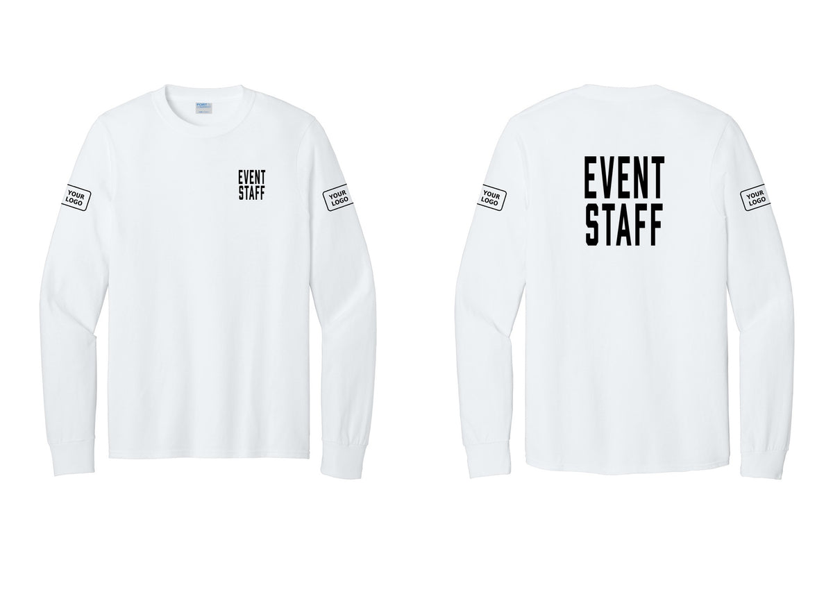NYC Factory Custom Logo Event Staff Cotton Long Sleeve T-Shirt (Classic) - Chest + Back + Your Logo Sleeves - White