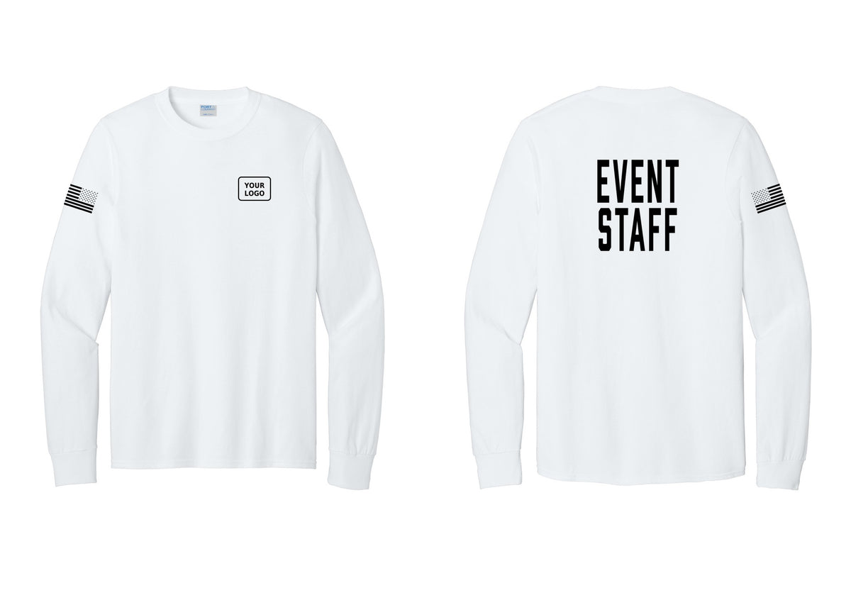 NYC Factory Custom Logo Event Staff Cotton Long Sleeve T-Shirt (Classic) - Your Logo + Back + US Flag Sleeve - White