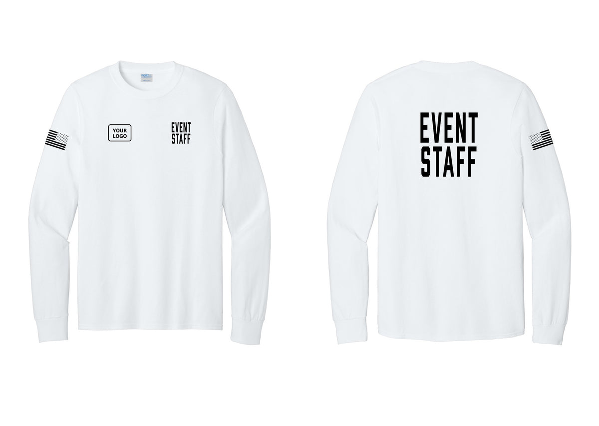 NYC Factory Custom Logo Event Staff Cotton Long Sleeve T-Shirt (Classic) - EVENT STAFF + Your Logo + Back + US Flag Sleeve - White