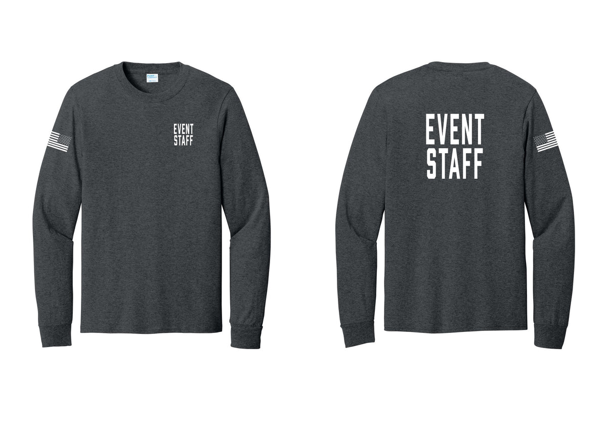 NYC Factory Event Staff Cotton Long Sleeve T-Shirt (Classic) - Chest + Back + US Flag Sleeve - Dark Heather Grey