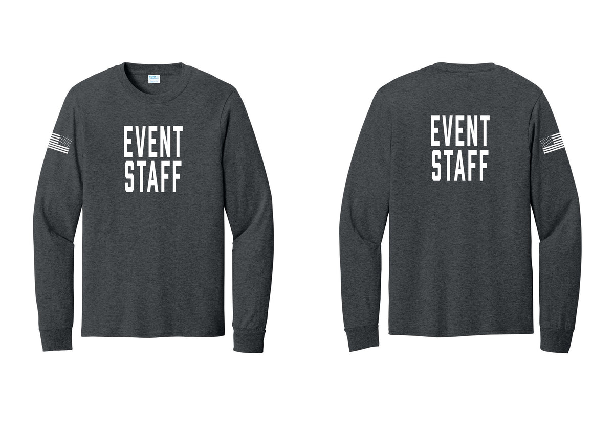 NYC Factory Event Staff Cotton Long Sleeve T-Shirt (Classic) - Front + Back + US Flag Sleeve - Dark Heather Grey